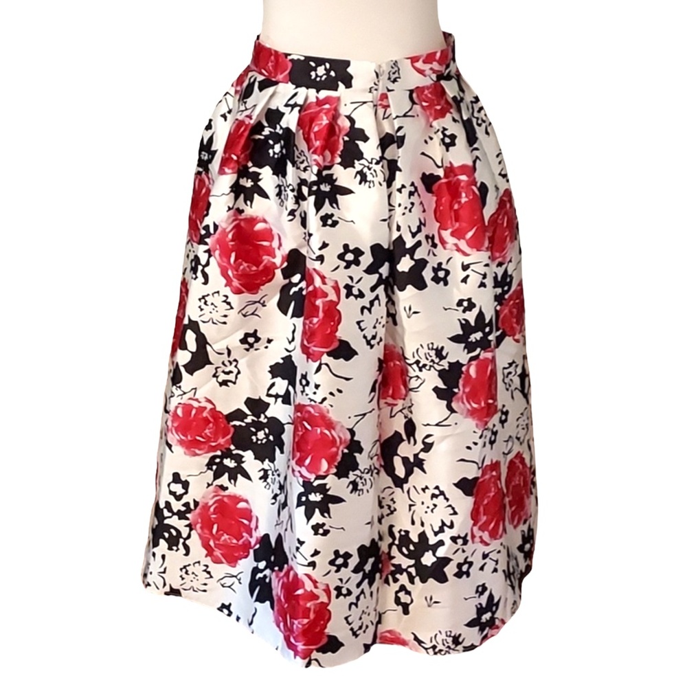 Roses Satin Ballgown Skirt NEW L Full Pleated Maxi Red White Black Floral